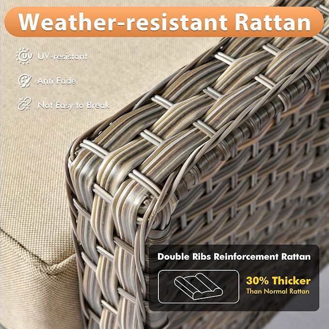 10 PCS Outdoor Patio Furniture Sets, Patio Conversation Sets Outside Rattan Soft Cushion Sofa with 4 Wicker Rocking Chairs & 54 in Fire Pit Table Fit Backyard Porch Garden Poolside Balcony,Beige