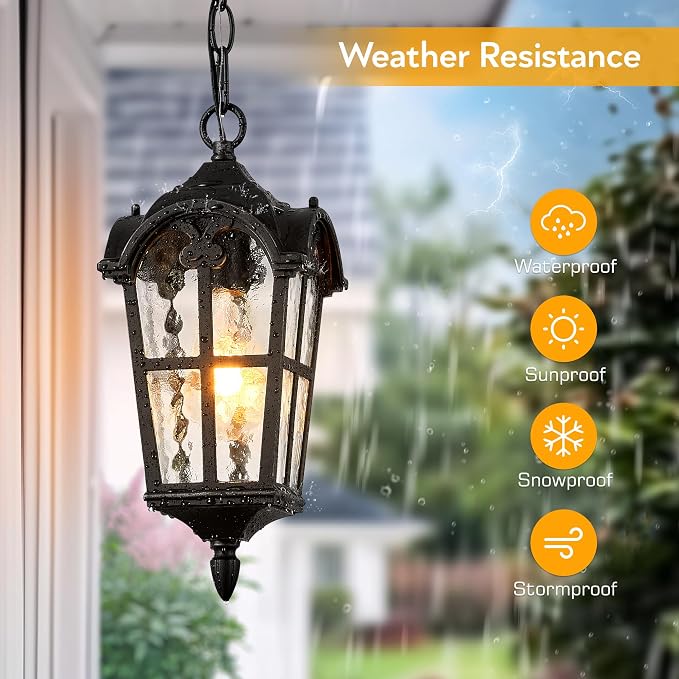 VIANIS Outdoor Pendant Light Fixture, Matte Black Vintage Outside Hanging Lights with Adjustable Chain, Aluminum Lighting Waterproof and Anti-Rust, Hanging Lanterns Outdoor for Entryway, Porch, Yard