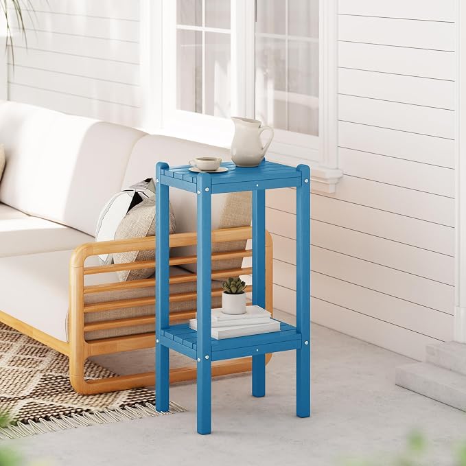 Costaelm Outdoor Side Table, 2-Tier Small Patio Coffee Tables for Outside, Outdoor End Tables for Patio, Adirondack Side Table for Outside, Outside Table for Pool, Porch, Garden, Pacific Blue