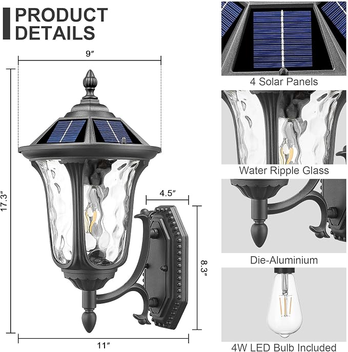 Outdoor Light Fixtures Wall Mount Dusk to Dawn Solar Exterior Wall Sconce Lanterns Remote Control with Water Ripple Glass Lamp Shade for Patio Yard House Hallway, 17'' Medium Black