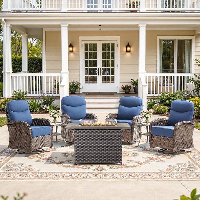 7-Piece Luxury Patio Furniture Set with 6-Inch Thick Cushions, High-Back Outdoor 4 Swivel Rocking Chairs with Wicker 42" Fire Pit, All-Weather Conversation Set for Porch, Deck, Yard or Poolside Blue