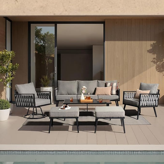 Outdoor Patio Furniture Set, 6-Piece Metal Conversation Furniture Sofa with Coffee Table, All Weather Patio Couch Sofa with Thick Cushions for Balcony Backyard,Dark Grey