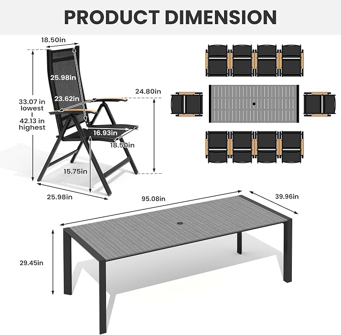 11-Piece Patio Dining Set, 95in Aluminum Outdoor Table with 10 Chairs | Adjustable Reclining Back& WPC Tabletop with Umbrella Hole for Garden Backyard Porch, Grey