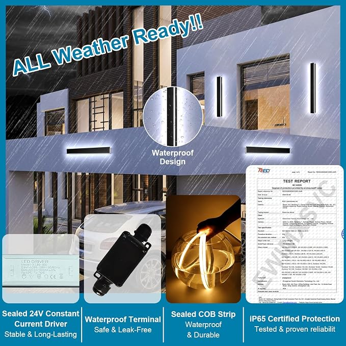 2 Pack 24" Modern Outdoor Wall Lights, 2700k-6500k Dimmable Long Wall Light | 3 Color Temperature Adjustment, IP65 Waterproof , Remote Control Adjustment, Smart Switch Compatible