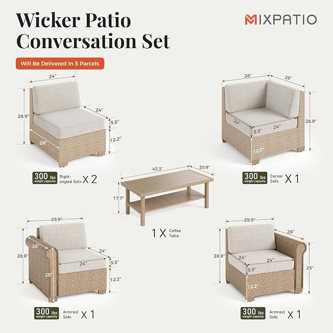 MIXPATIO Patio Furniture Set, 6 Piece Outdoor Rattan Wicker Sectional Conversation Set with 5.5" Thick Waterproof Cushions and Coffee Table for Deck Backyard