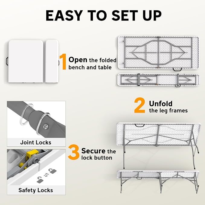 Outsunny 6FT 3-Piece Portable Picnic Table Bench Set, Folding Camping Table and Chairs with Carrying Handles for Indoor Outdoor Use, Camping, BBQ, Party, Event, White