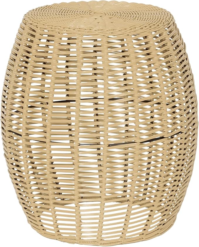 ABBLE Patio Resin Wicker Side Table Yellow Barrel End Table Metal Frame Storage Basket Indoor Outdoor Use, Natural