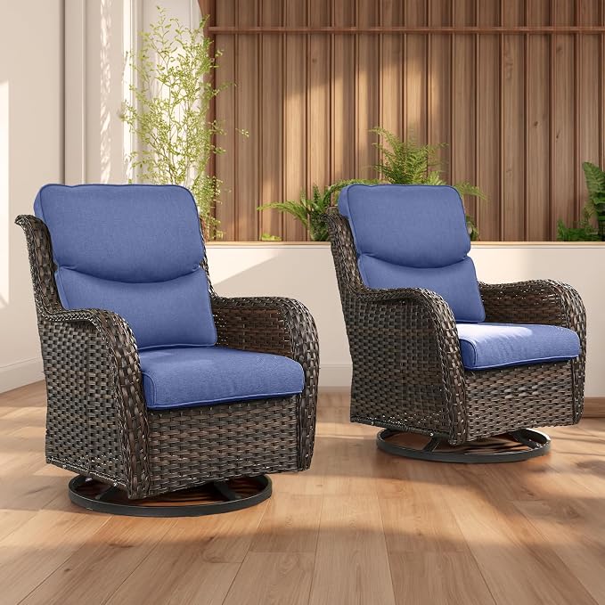 Rilyson Wicker Rocking Chair Swivel Chairs - 2 Piece Rocker Patio Chairs Set Rattan Rocking Chair for Outdoor Porch Deck Garden Backyard (Brown/Blue/Smile)