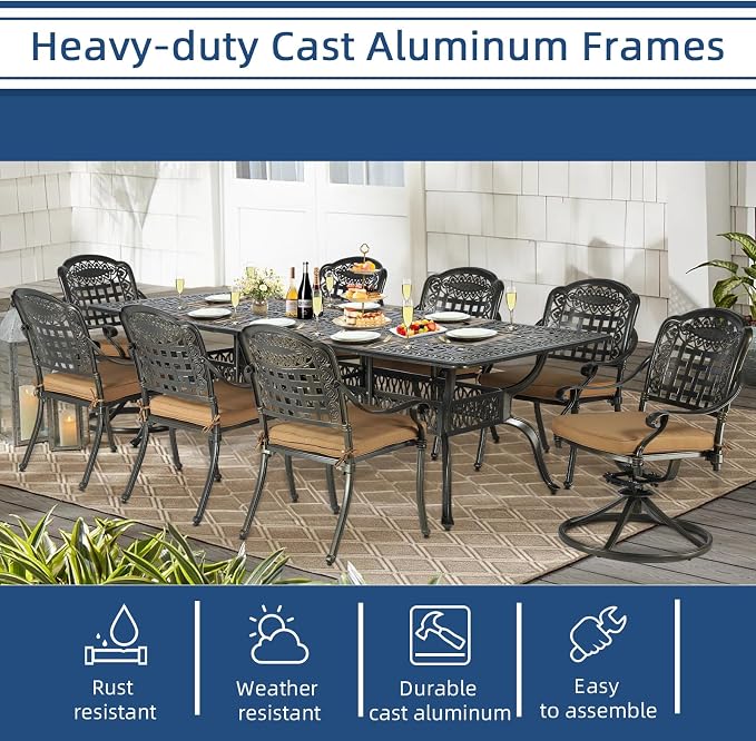 9-Piece Patio Cast Aluminum Dining Set, Outdoor Table and Chairs Set for 8, Includes 94.5" Rectangular Dining Table, 6 Stationary, 2 Swivel Dining Chairs with Umbrella Hole, Tan