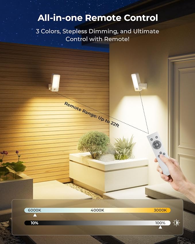 2 Pack Motion Sensor Outdoor Lights, 10000mAh Rechargeable 600 Lumen Battery Operated Outdoor Wall Lights with 3 Modes, 3 Colors, IP65 Waterproof Outdoor Security Lights for Fences, Garage, Patio