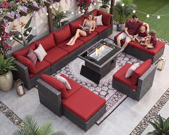 NICESOUL 11 Piece Outdoor Furniture Set with Firepit, Luxury 10-Seater Patio Sectional Sets, 29.3'' High-Back Backyard Seating Area, All-Weather Rattan Couch Set for Outside, Deck, Grey & Red