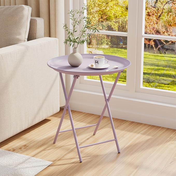 Garden 4 you Folding TV Tray Table, Metal Round Side Table, Purple Dinner Table with Metal Frame, Modern Outdoor Tray Table for Living Room, Bedroom, Patio & Small Spaces, 2 Packs
