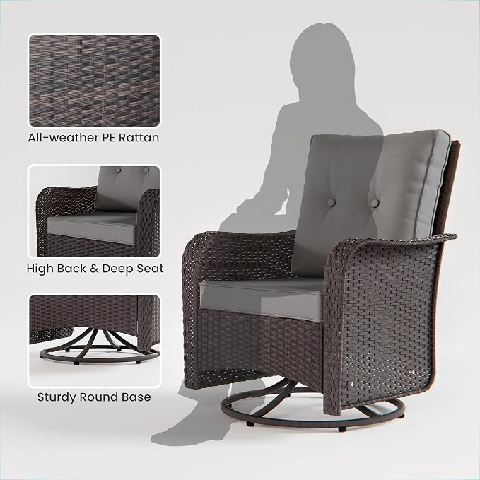16 PCS Outdoor Patio Furniture Set,Outdoor Sectional Furniture with 45" 55000 BTU Gas Propane Fire Pit Table,All Weather PE Rattan Wicker Patio Conversation Set,Swivel Rocking Chairs Set,Grey