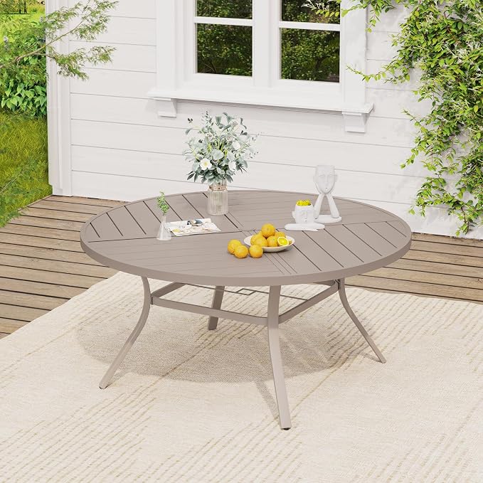 VICLLAX 53" Round Outdoor Table, Patio Dining Table for 8 with Umbrella Hole for Garden Lawn Deck Backyard, Sandshell
