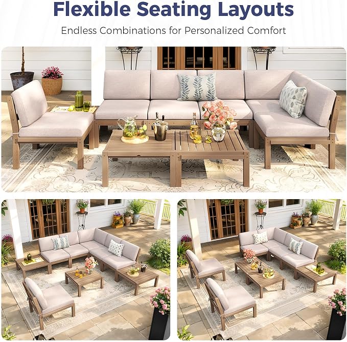 Outdoor Patio Chairs Set of 2, HIPS Modular Sectional Seatings & Thick Cushions– Side Interlock Easy to Connect, Weatherproof Patio Furniture Set for Backyard, Deck, Poolside (Teak)