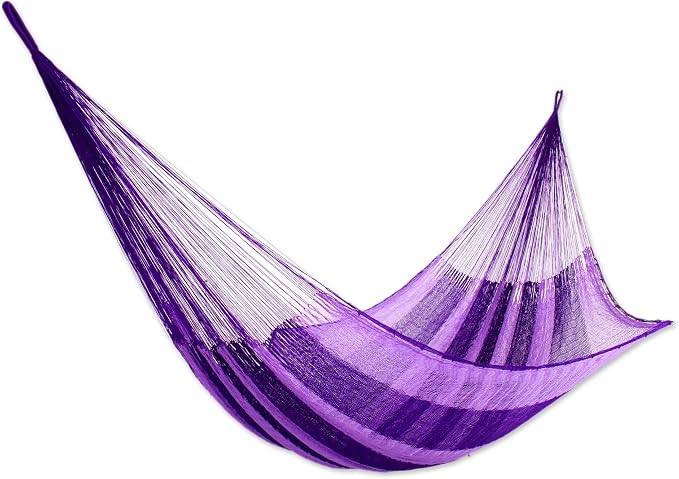 NOVICA Bright Purple Striped Hand Woven Nylon Mayan 2 Person XL Rope Hammock with Hanging Accessories, 'Lilac Blossom' (Double)