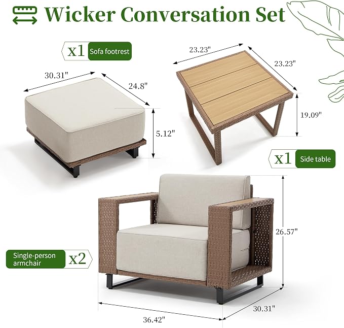 Bonzy Home 4 Piece Patio Furniture Set, Wicker Lounge Chairs Set of 2 with Rattan Side Table and 2 Ottoman, Outdoor Patio Furniture with Extra-Thick Soft Cushions for Porch, Balcony