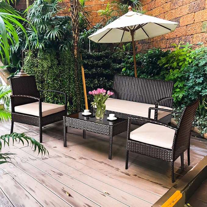 Tangkula 8 Piece Rattan Patio Furniture Set, All Weather Heavy Duty Wicker Outdoor Conversation Set,Includes Loveseat Bench, Single Chairs and Coffee Table, for Porch, Backyard, Garden, Poolside (2)