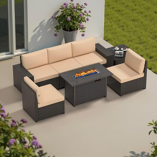 Patio Furniture Set, 7PCS Patio Sectional w/ Fire Pit Tabel Ottoman Wicker Rattan Outdoor Furniture with Thickened Cushion Modular Wicker Patio Conversation Set with Glass Top Table for Balcony(Khaki)