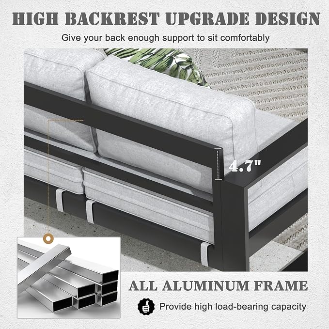 Outdoor Aluminum Furniture Set with Fire Pit Table - 5 Pieces Modern Patio Conversation Sets Metal Sectional Sofa Set