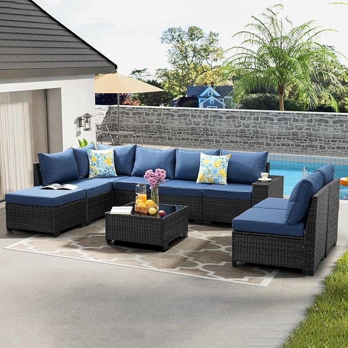 9 Pieces Outdoor Patio Furniture Set, Wicker Conversation Sets with Tea Table, Rattan Patio Sofa with Thick Cushions for Garden, Backyard Porch, Poolside,Navy