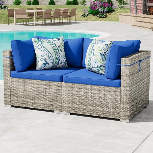 Tradare 2 Piece Patio Furniture Set, Outdoor Wicker Patio Sofa Set, PE Rattan Sectional Couch and Blue Cushions, All-Weather 2 Piece Outdoor Patio Furniture Sets, Grey