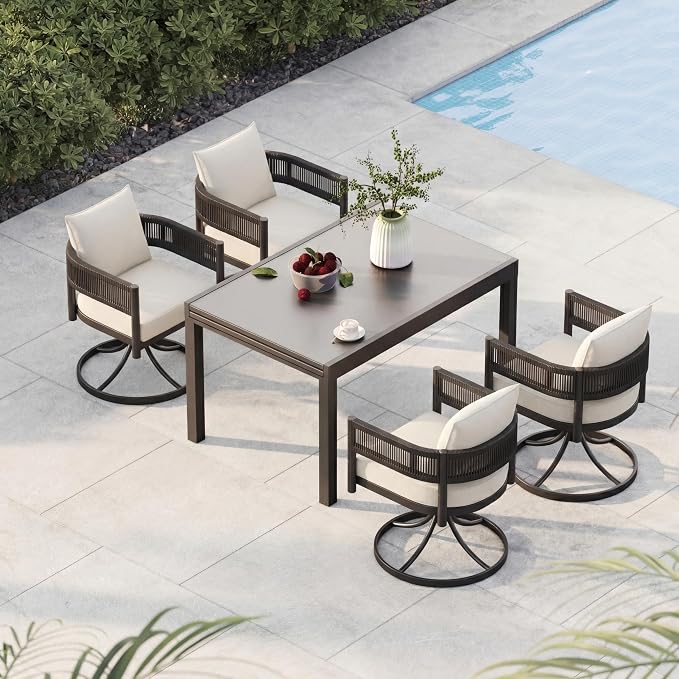 Grand patio 5-Piece Expandable Table Dining Set for 6 to 10, Aluminum Outdoor Dining Table with Glass Tabletop, Metal Woven Wicker Swivel Patio Chairs with Cushions for Yard, Poolside, Deck (Black)