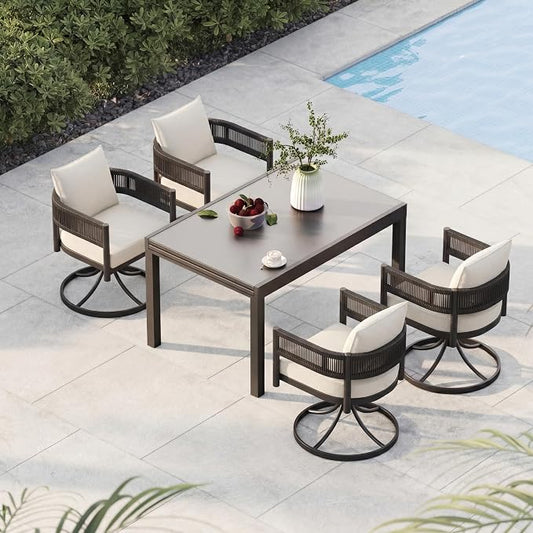 Grand patio 5-Piece Expandable Table Dining Set for 6 to 10, Aluminum Outdoor Dining Table with Glass Tabletop, Metal Woven Wicker Swivel Patio Chairs with Cushions for Yard, Poolside, Deck (Black)