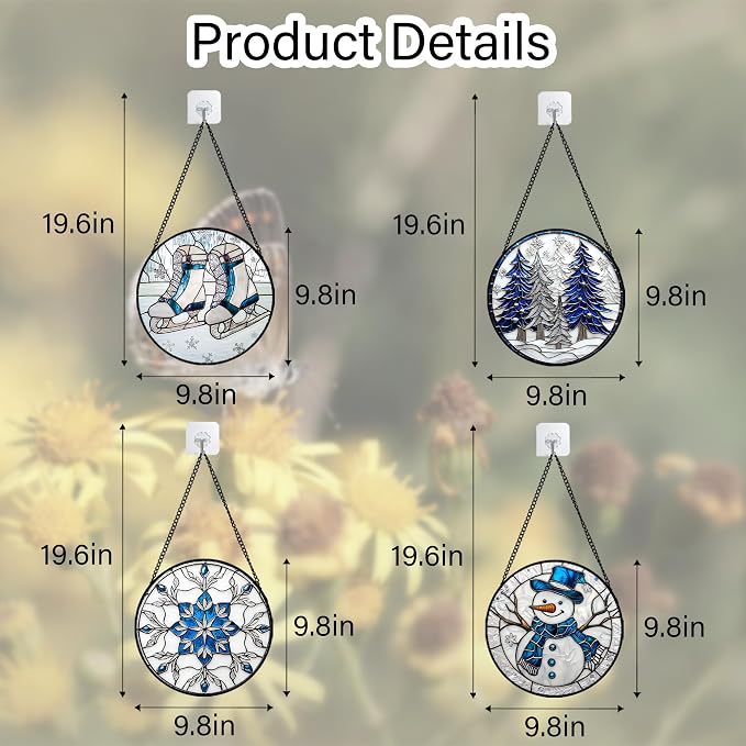DASTOLL Stained Glass Window Hanging 4 Pcs Set White Winter Christmas Snow Scene 9.8" - Suncatcher Door Garden Sun Catcher Decor Birthday for Mom Woman Nana Men Friend Wife