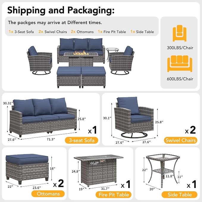 7 Pcs Outdoor Furniture with 44" Fire Pit Table, Rattan Patio Conversation Sets with Swivel Chair, Gas Fire Pit, Ottomans, Side Table, 4" Thick Cushion, for Backyard Garden Deck,Navy Blue