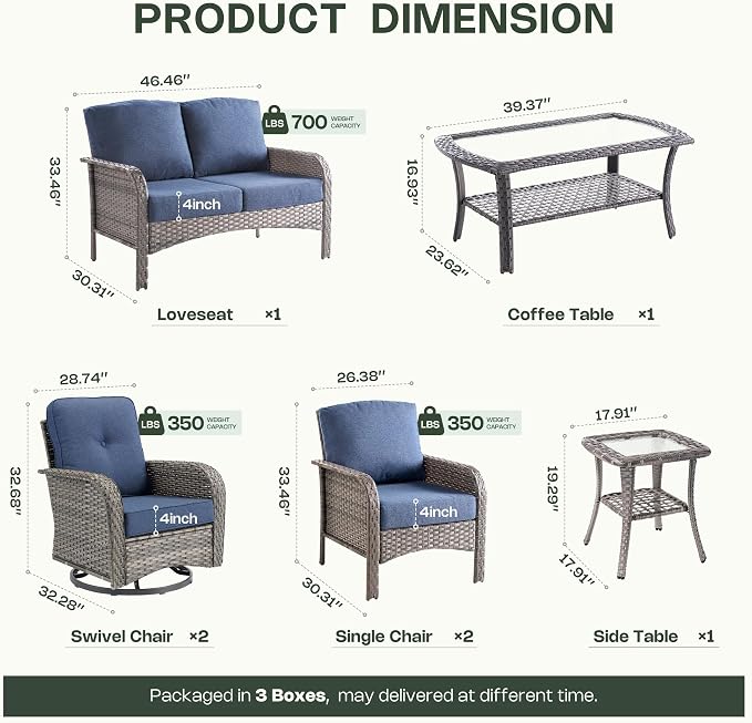 7-Piece Patio Furniture Set, Outdoor Wicker Furniture with Coffee Table, High Back Swivel Rocker Patio Chairs, Modern Rattan Outdoor Chairs Conversation Set for Porch, Balcony, Garden, Denim Blue