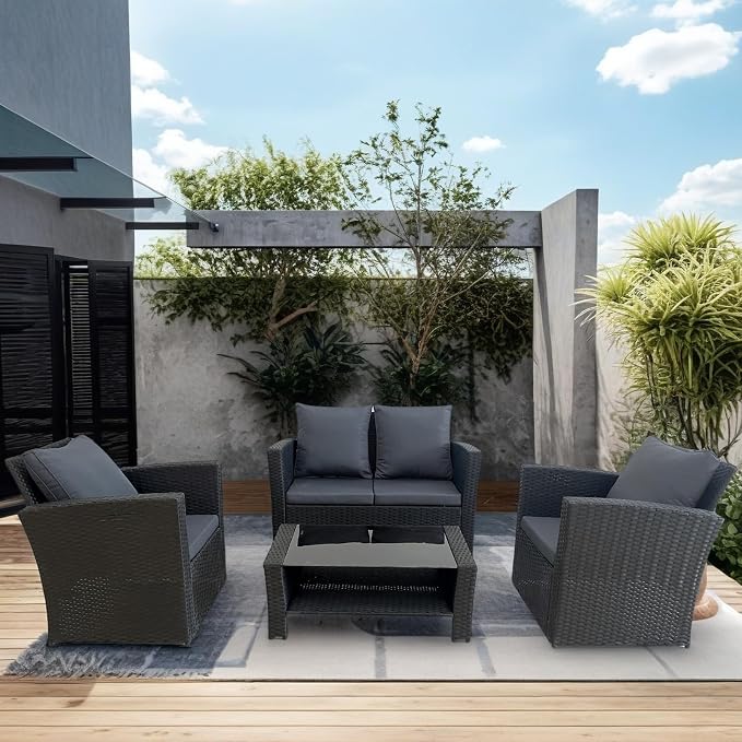 4 Piece Patio Furniture Set, All-Weather Wicker Sectional Conversation Set with Tempered Glass Table & Cushioned Sofa,Outdoor Sofa for Garden, Porch, Backyard (Black-Gray)