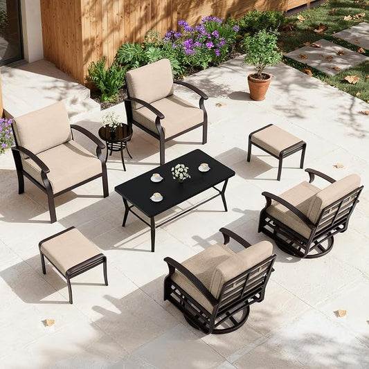 ALAULM Aluminum Patio Furniture Set with Coffee Table Rectangular, 6-seat Outdoor Sectional Furniture w/Swivel Chairs and 2 Ottomans, Patio Conversation Set for Porch, Backyard, Poolside-Sand