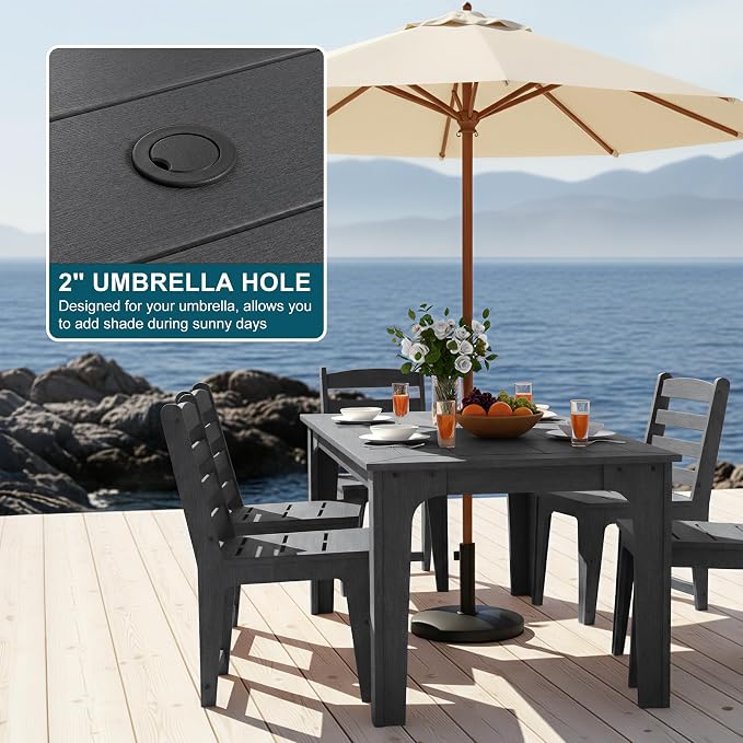 HDPE Outdoor Dining Table & Chairs Set for 6 Person, Black(7-Piece) | Weather-Resistant Patio Furniture Set with Metal Support Bars and Umbrella Hole Cut-Out for Poolside Garden Backyard Deck