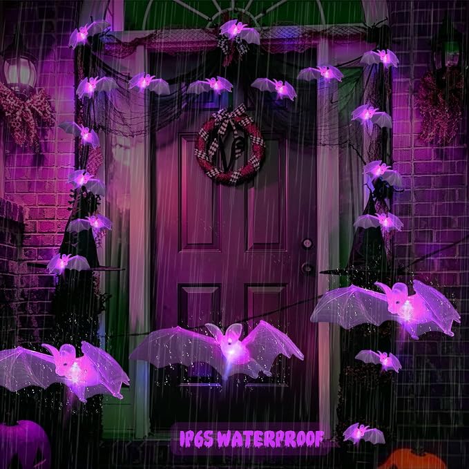 Halloween Decorations Outdoor 3D Flying Bats Solar String Lights | 15LED Bat String Lights, Halloween Garden Lights with 8 Lighting Modes, Light up Hanging Bats for Yard,Fence,Rail,Porch Decor