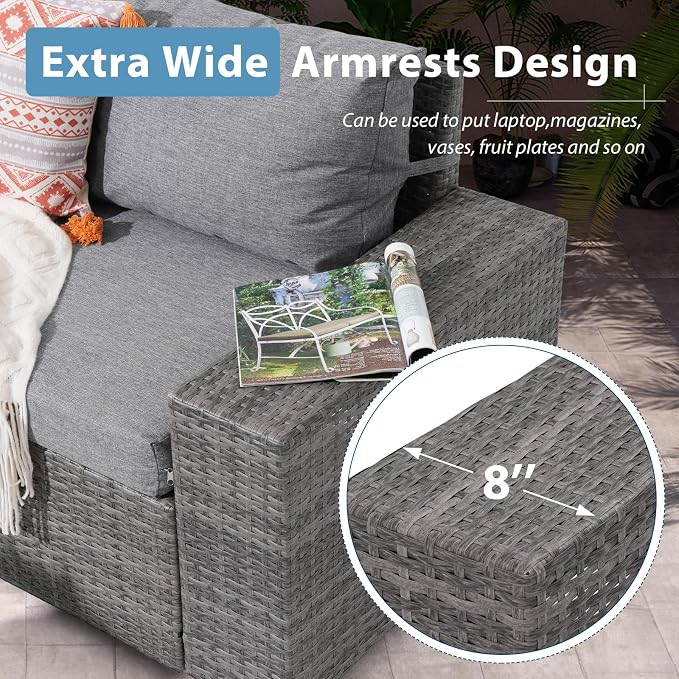 JOIVI 7 Pieces Outdoor Patio Furniture Set with 45” Fire Pit Table, Rattan Patio Sectional Sofa Conversation Set with 50000BTU Propane Fire Pit and Coffee Table for Garden, Backyard, Deck, Gray