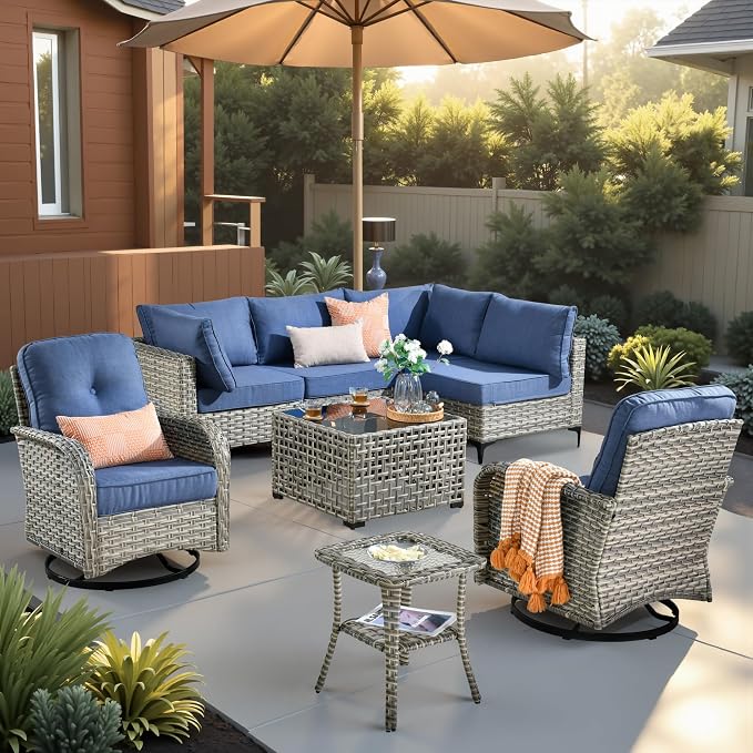 CAODOC Outdoor Sectional Patio Furniture Set,8 Pieces Wicker Conversation Sets L Shaped Couch,Out Door Sofa Outside Furniture with Swivel Chairs,Light Blue