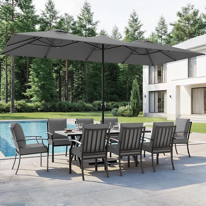 10 PCS Outdoor Patio Dining Set with 13.6ft Double-Sided Patio Umbrella,Patio Table and Chairs Metal Outdoor Patio Furniture Set,Dining Table Set with 8 Chairs,Grey
