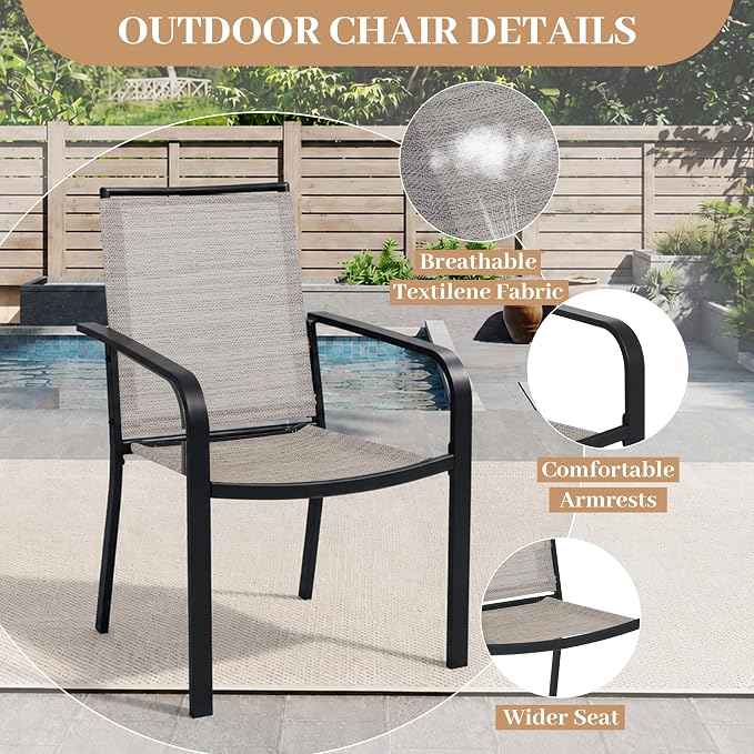 Anmutig 5-Piece Outdoor Patio Dining Set 37-Inch Square Glass Table with 4 Stackable Chairs for Lawn Backyard and Deck, Beige Grey