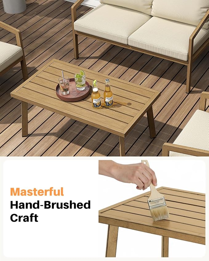 Patio Coffee Table, Never-Rust Aluminum Outdoor Coffee Table with Wood Grain Texture, Modern Rectangle Garden Coffee Table with Slatted Tabletop for Porch, Decks, Indoor, Balcony, Teak