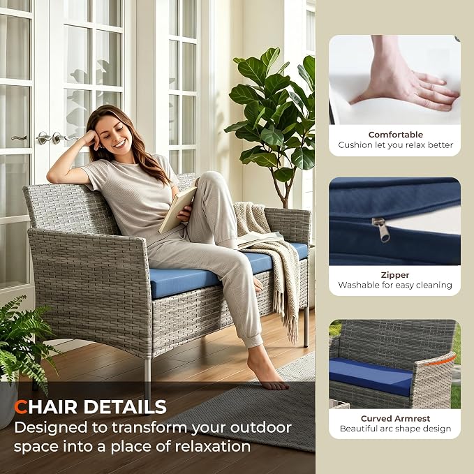 4 Pieces Outdoor Patio Furniture Set, Wicker Patio Conversation Set with Tea Table, All-Weather Outside Rattan Sectional Sofa for Backyard, Poolside, Garden, Balcony, Gray/Navy