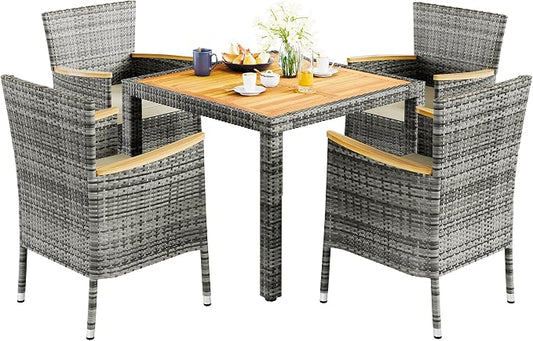 Vongrasig 5 Piece Small Patio Dining Set, Space-Saving Outdoor Wicker Furniture Conversation Set with Wood Table and Cushioned Rattan Chairs for Lawn, Garden, and Backyard (Gray)