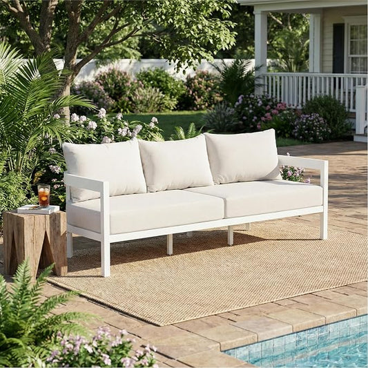 Merax 75.8" Modern Curved Outdoor Aluminum 3-Seater Sofa, Full-Size Patio Couch with Weather-Resistant Cushions for Porch, Lawn, Backyard, Balcony, White