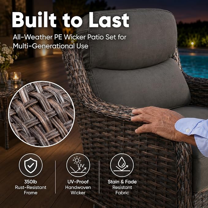 HUMMUH 10-Piece Wicker Patio Furniture Set with Fire Pit | 360-degree swivel chairs, 6-inch cushions, all-weather PE wicker, olefin fabric, 50000 BTU fire pit