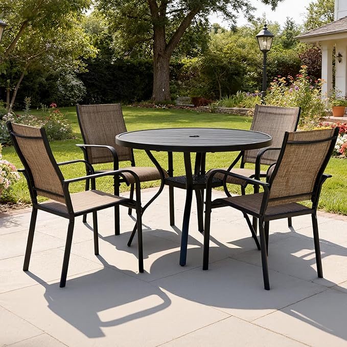 Outdoor Patio Dining Table for 4 People, 41" All-Weather Resistant Metal Round Table with Adjustable Umbrella Hole for Garden Backyard Porch Poolside, Black