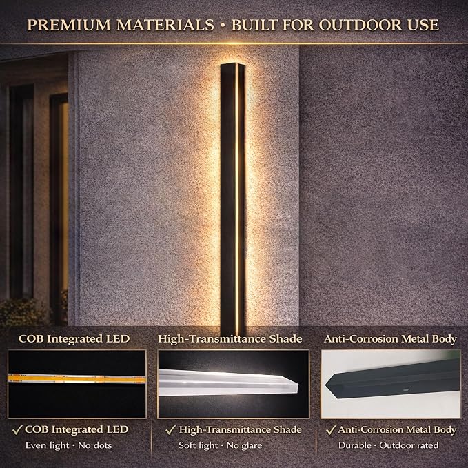 24 Inch Outdoor Wall Sconce,Outdoor Modern Long Led Wall Light,Waterproof Ip65 Black Strip Linear Wall Lights,19W 3000K Rectangular Lighting Fixture Lamps Acrylic Anti Rust