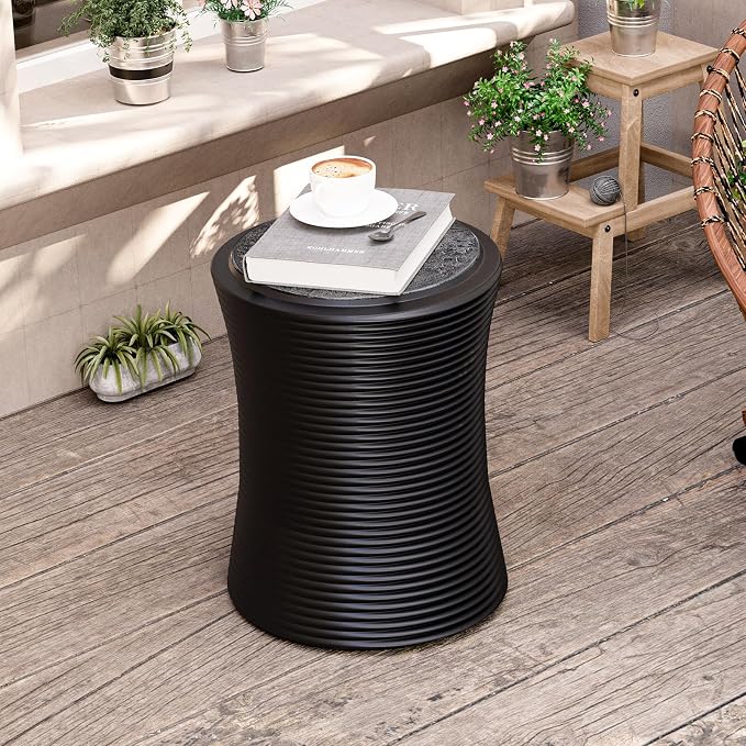 HOMPUS Concrete Outdoor Side Table Set of 2 w Cylindrical Thread Round Coffee Table, Outdoor Accent Patio Drum Home Decor Plant Stand End Table for Living Room, Bedroom or Balcony, Black