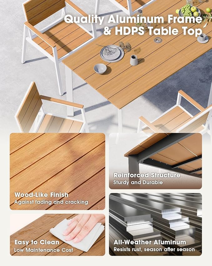 Outdoor Dining Set for 6, Aluminum Patio HDPS Outdooor Table and Chairs Set with Umbrella Hole, All Weather Patio Furniture Set, 7 Peice Patio Dining Table Set (White & Teak)
