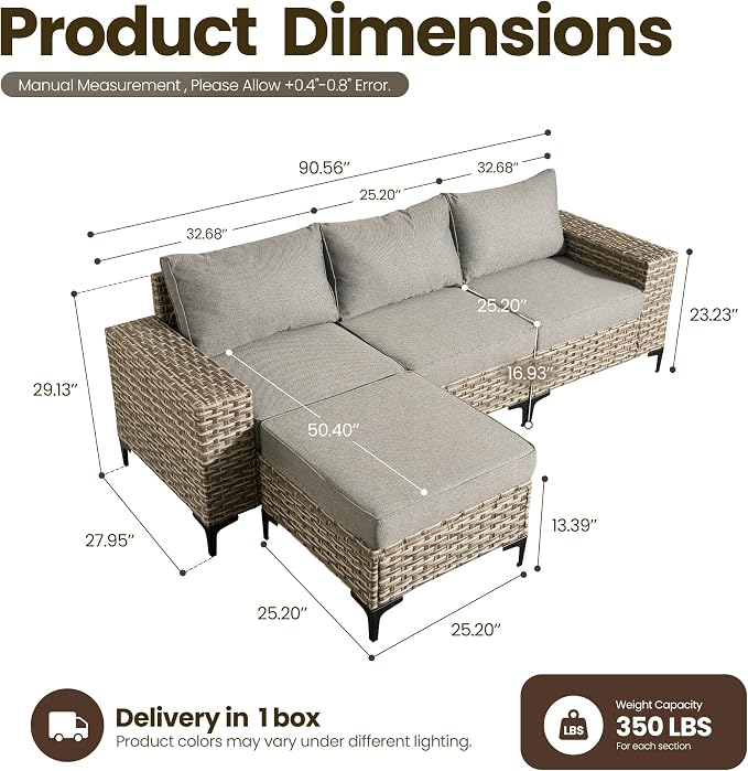 4-Piece Wicker Outdoor Sectional Furniture, Wide Armrest L-Shaped Patio Couch Set with Ottoman, Modern Modular Conversation Sets with Thick Cushion for Backyard Porch Balcony, Dark Gray