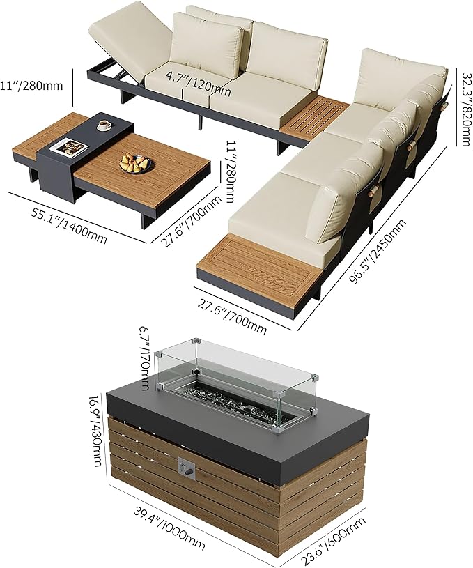 homary Patio Conversation Sets with Fire Pit, Modular Outdoor Sofa Aluminum & Teak Outdoor Sectional with Glass Wind Guard Ideal for Patios & Balconies, 6 Pepole, Beige